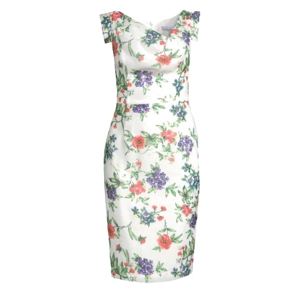 Black Halo Jackie O Sheath Dress White Floral Sequin Garden Party Sheath Size 6 - Picture 1 of 11